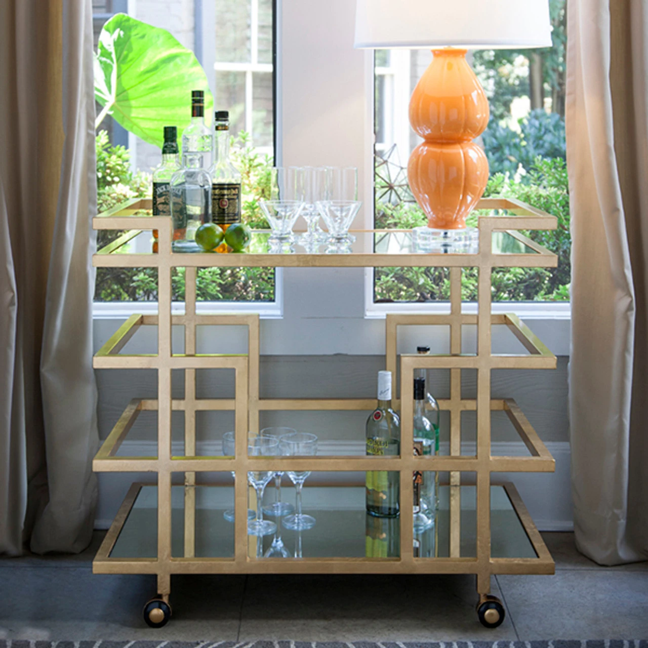 Worlds Away Ireland Gold Leaf Linear Bar Cart With Mirror Shelves - Image 5