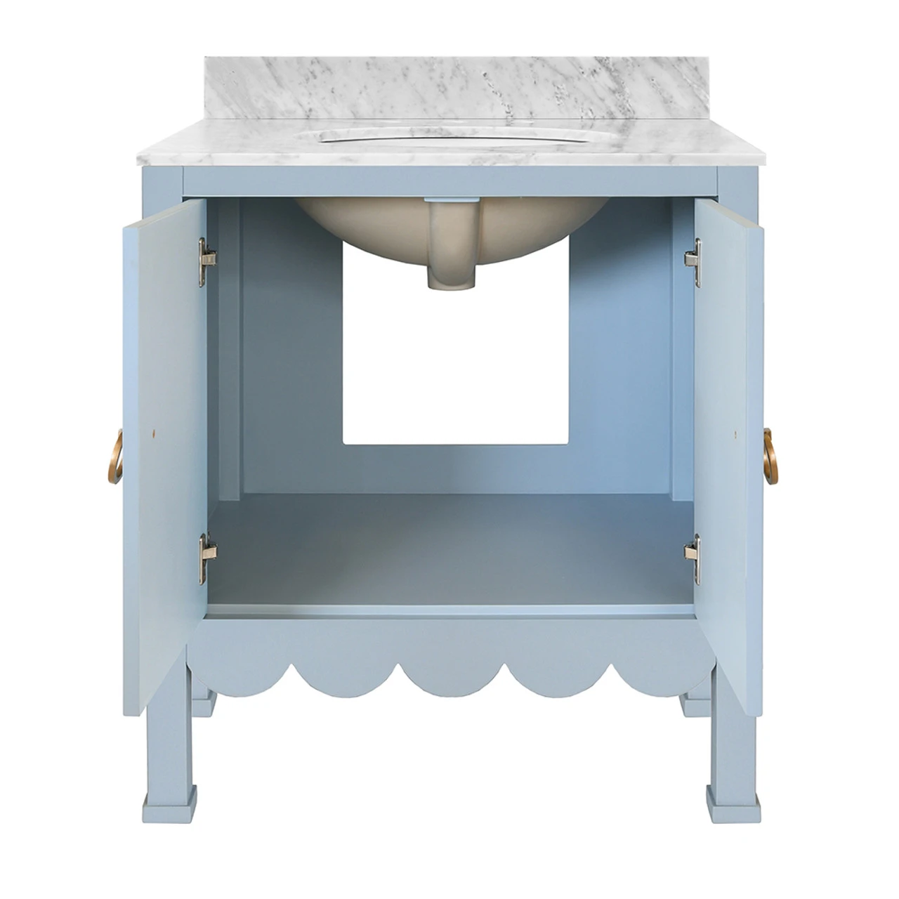 Worlds Away Bath Vanity - Scallop Detail - Matte Light Blue - White Marble Top And Porcelain Sink 4 Worlds Away Bath Vanity - Scallop Detail - Matte Light Blue - White Marble Top And Porcelain Sink - Image 4