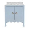 Worlds Away Bath Vanity - Scallop Detail - Matte Light Blue - White Marble Top And Porcelain Sink