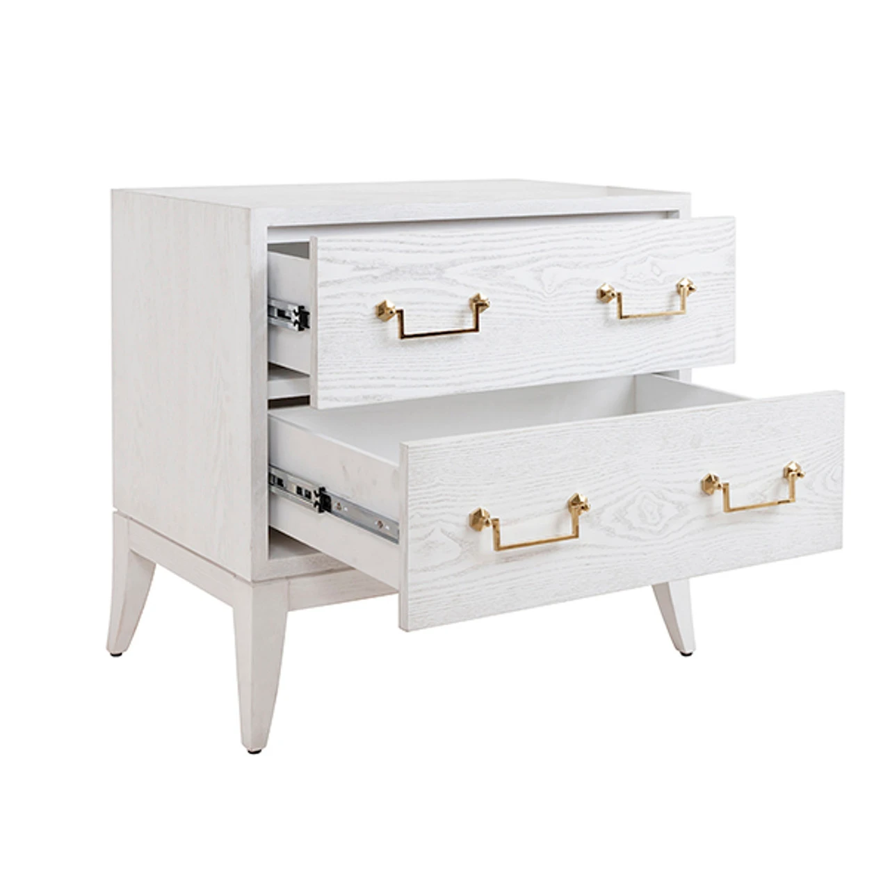 Worlds Away Sabre Leg 2 Drawer Side Table - Brass Swing Handle - White Washed Oak 1 Worlds Away Sabre Leg 2 Drawer Side Table - Brass Swing Handle - White Washed Oak