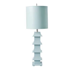 Worlds Away Powder Blue Painted Tole Pagoda Lamp With 11" Dia Painted Tole Shade