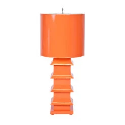 Worlds Away Orange Painted Large Tole Pagoda Lamp With 13" Dia Painted Tole Shade