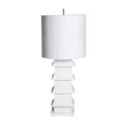 Worlds Away White Painted Large Tole Pagoda Lamp With 13" Dia Painted Tole Shade