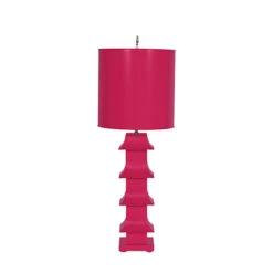 Worlds Away Hot Pink Painted Tole Pagoda Lamp With 11" Dia Painted Tole Shade