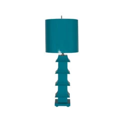 Worlds Away Turquoise Painted Tole Pagoda Lamp With 11" Dia Painted Tole Shade