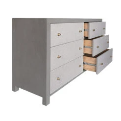 Worlds Away Six Drawer Chest - Grey Grasscloth - Grey Linen Drawers And Brass Hardware -Worlds Away WA LOWERY GRY ANGLE OPEN 37482.1671726080 ni 44906.1707481748