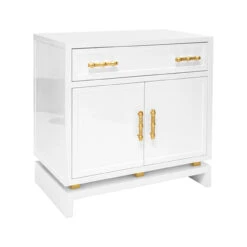 Worlds Away Marcus White Lacquer 1 Drawer, 2 Door Nightstand With Gold Leafed Bamboo Hardware And Gold Leaf Metal Detail