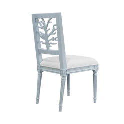 Worlds Away Coral Motif Back Dining Chair - White Linen Seat - Matte Light Blue Lacquer