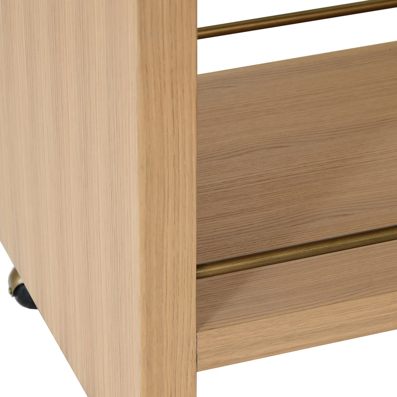 Worlds Away Waterfall Edge Bar Cart - Antique Brass Rails - Natural Oak 2 Worlds Away Waterfall Edge Bar Cart - Antique Brass Rails - Natural Oak - Image 2