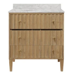 Worlds Away Bath Vanity - Vertical Fluted Detail On Drawers - Cerused Oak - White Marble Top, Porcelain Sink, And Polished Brass Knobs -Worlds Away WA ODIN CO 2 OPEN 1 76013.1695056117 ni 23233.1707481781