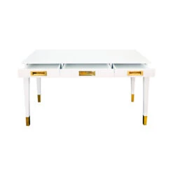 Worlds Away Three Drawer Desk - Brass Details - Matte White Lacquer -Worlds Away WA PLATO WH OPEN 95735.1585066577 ni 40390.1707481793