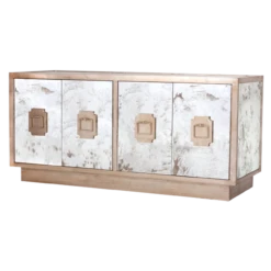 Worlds Away Ponti Antique Mirror 4-Door Entertainment Console With Champagne Silver Leaf Detailing
