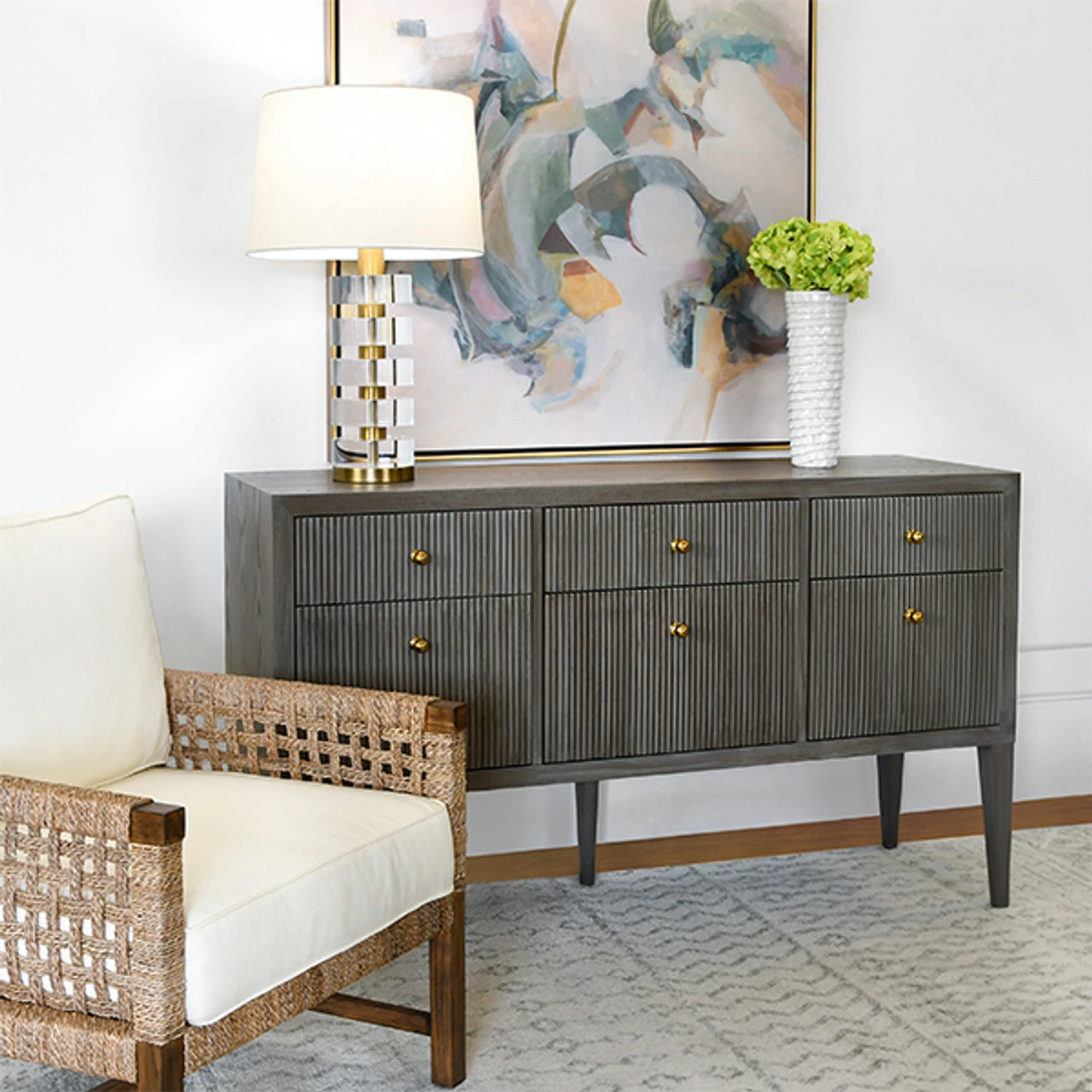 Worlds Away Fluted Six Drawer Buffet - Brass Knobs - Smoke Grey Oak