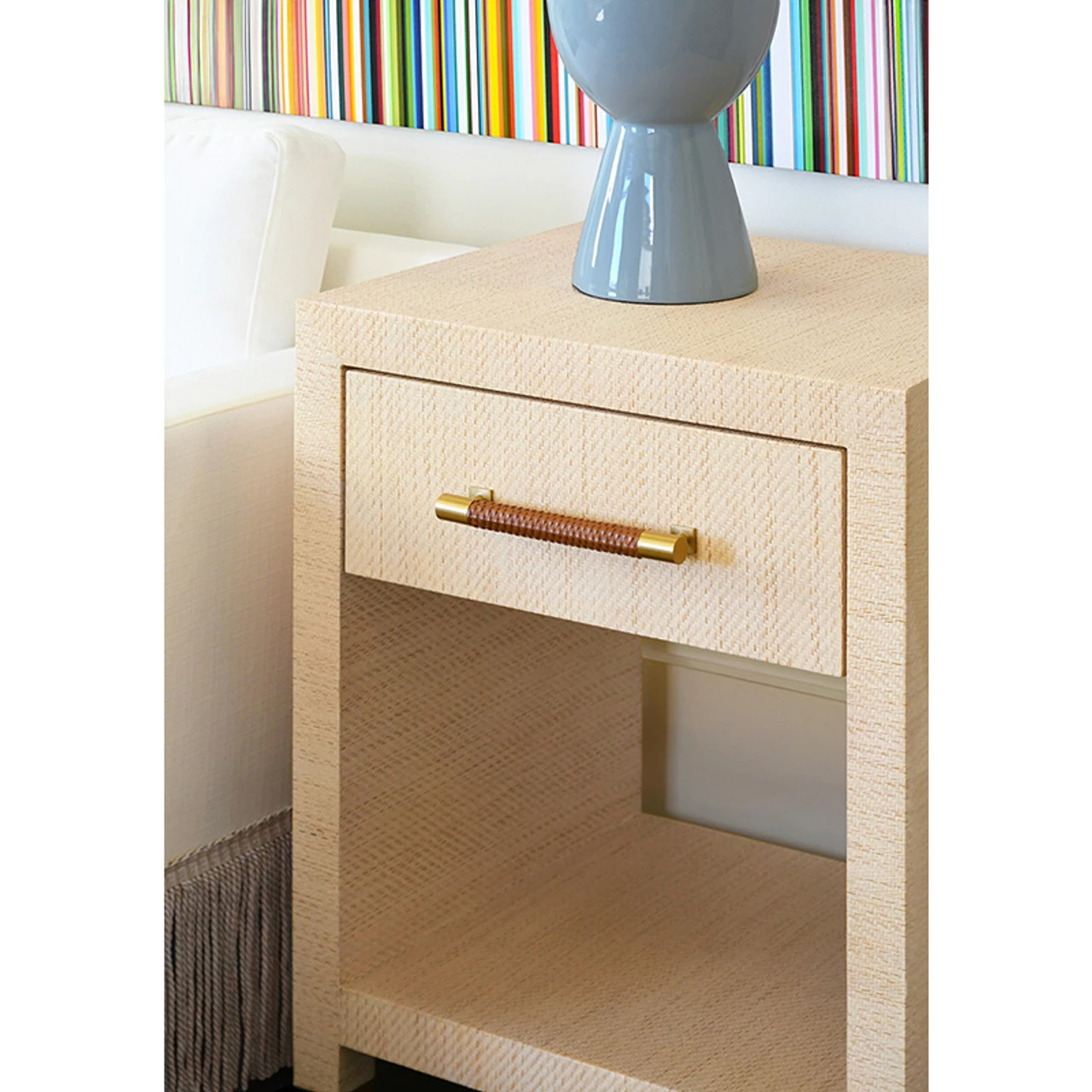 Worlds Away One Drawer Side Table - Rattan Wrapped Handle - Natural Grasscloth 1 Worlds Away One Drawer Side Table - Rattan Wrapped Handle - Natural Grasscloth