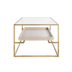 Worlds Away Glass Top Antique Brass Coffee Table - Floating Shelf - Cerused Oak