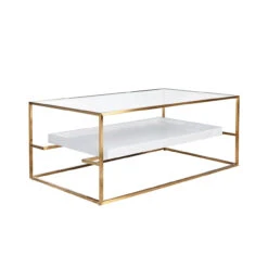 Worlds Away Glass Top Antique Brass Coffee Table - Floating Shelf - White Washed Oak