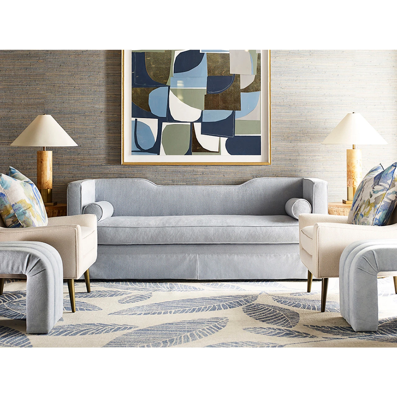 Worlds Away Skirted Tuxedo Style Sofa - Notched Back - Performance Light Blue Chenille 4 Worlds Away Skirted Tuxedo Style Sofa - Notched Back - Performance Light Blue Chenille - Image 4