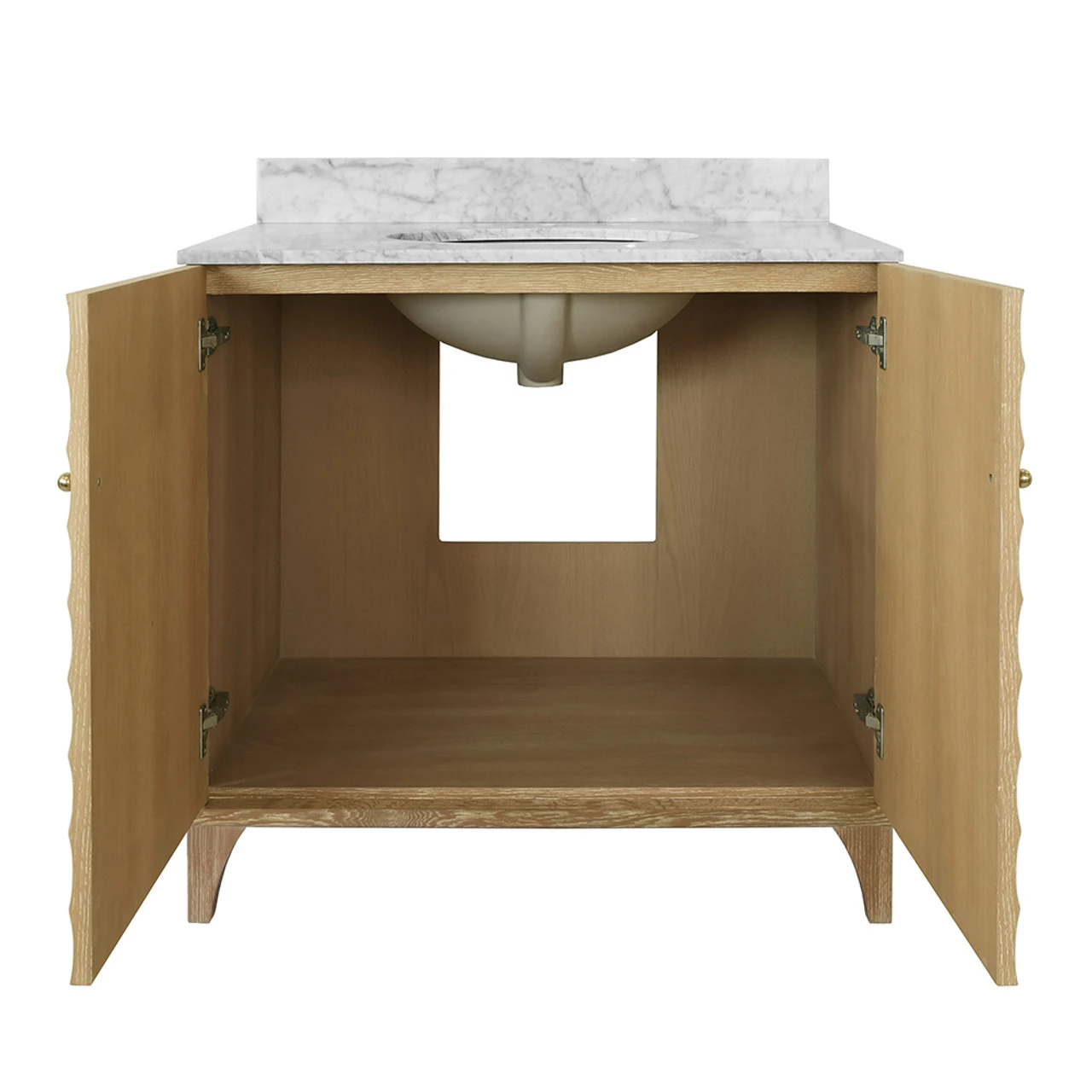 Worlds Away Bath Vanity - Horizontal Fluted Detail - Cerused Oak - White Marble Top, Porcelain Sink, And Polished Brass Knobs 9 Worlds Away Bath Vanity - Horizontal Fluted Detail - Cerused Oak - White Marble Top, Porcelain Sink, And Polished Brass Knobs - Image 9