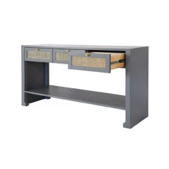 Worlds Away Three Drawer Cane Console - Brass Hardware - Matte Dark Grey Lacquer