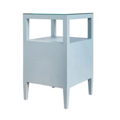 Worlds Away Two Drawer Side Table - Textured Light Blue Linen - Polished Brass Knobs