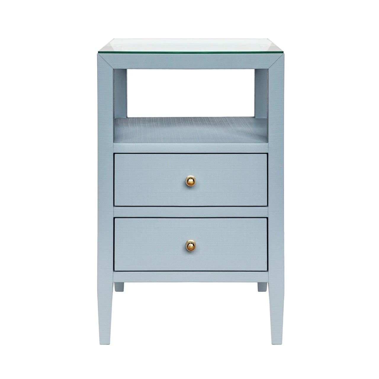 Worlds Away Two Drawer Side Table - Textured Light Blue Linen - Polished Brass Knobs 2 Worlds Away Two Drawer Side Table - Textured Light Blue Linen - Polished Brass Knobs - Image 2
