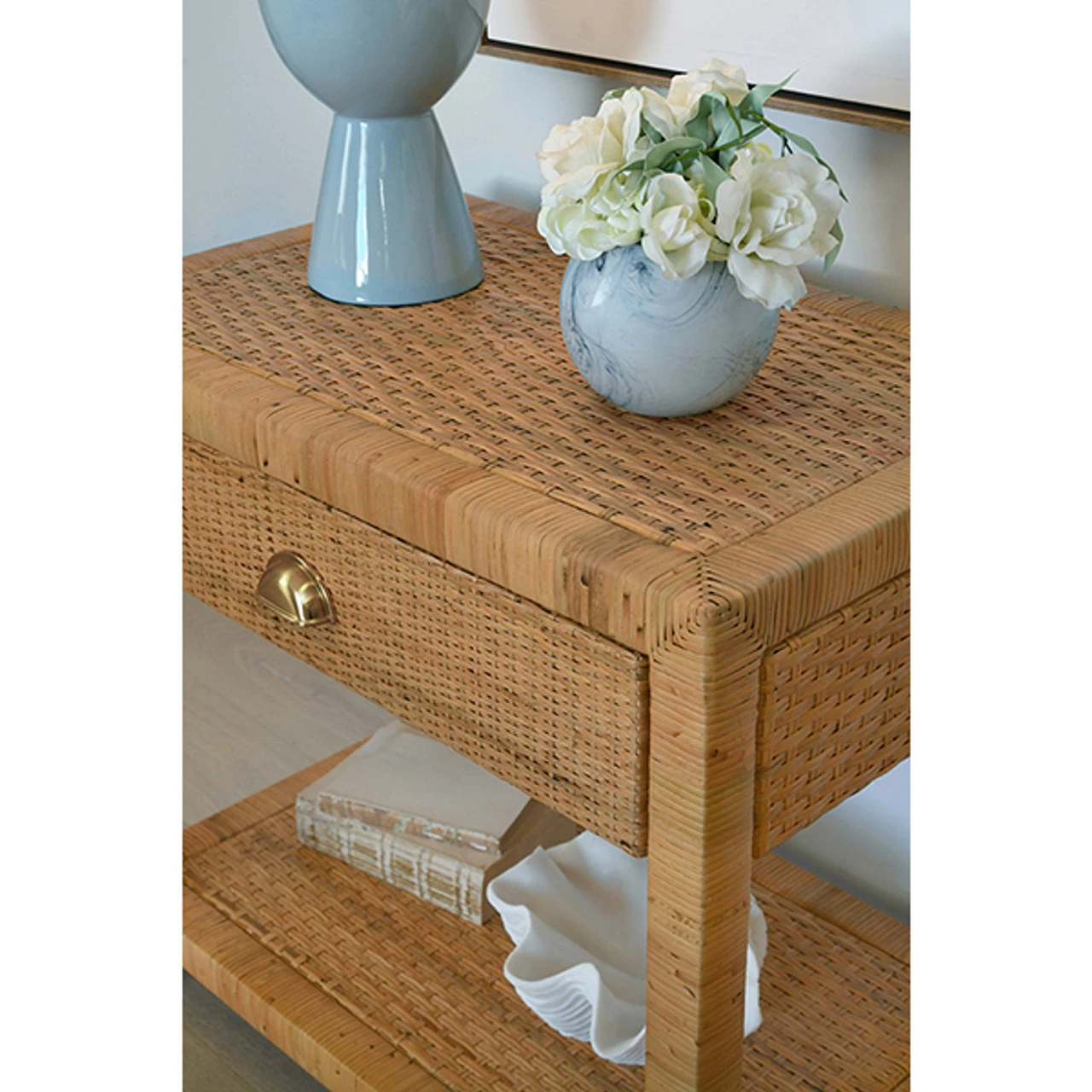 Worlds Away One Drawer End Table - Rattan - Brushed Brass Cup Pull - Image 6