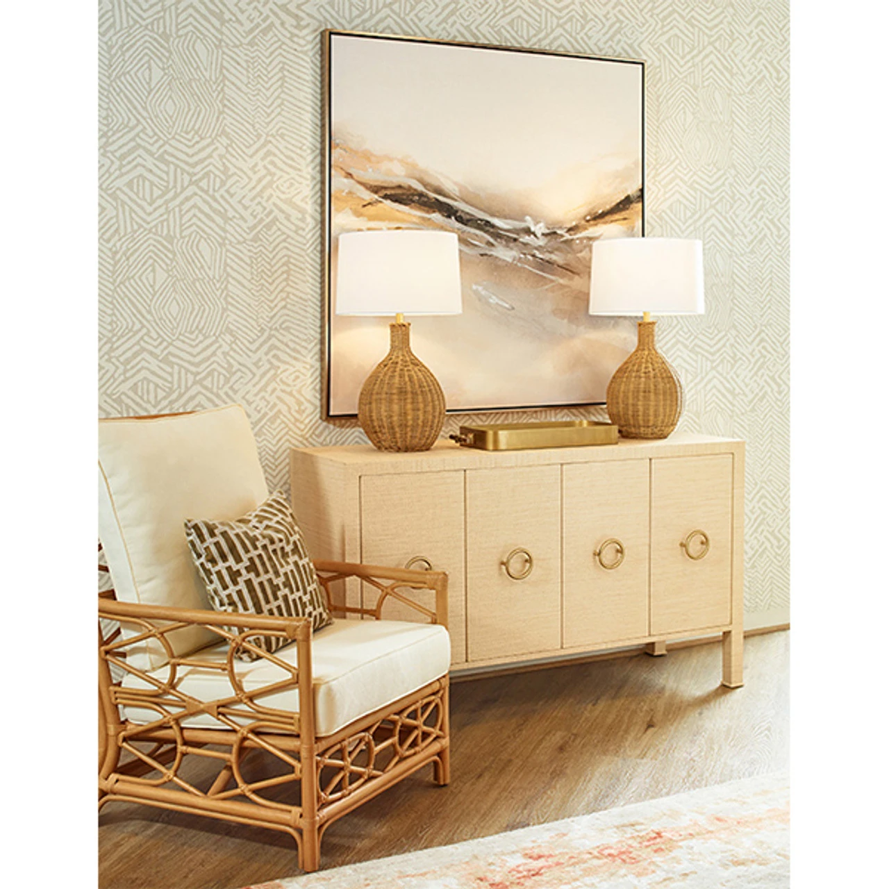 Worlds Away Rattan Club Chair - Ivory Linen Cushion - Image 4