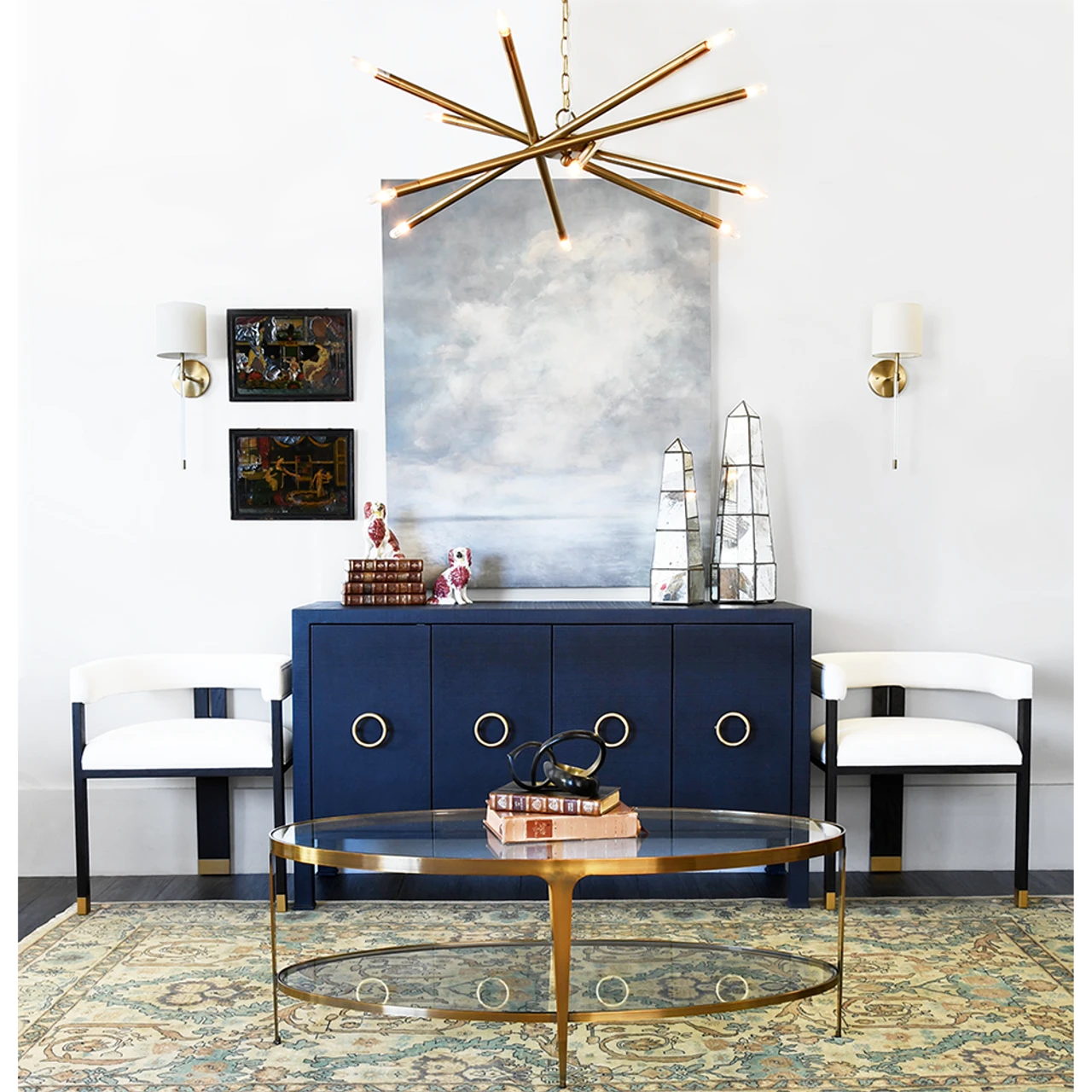 Worlds Away Four Door Buffet - Antique Brass Circle Hardware - Textured Navy Linen 7 Worlds Away Four Door Buffet - Antique Brass Circle Hardware - Textured Navy Linen - Image 7