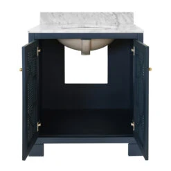Worlds Away Bath Vanity - Matte Navy Lacquer - Cane Front Doors, White Marble Top, Porcelain Sink, And Polished Brass Knobs -Worlds Away WA SCHAFFER NVY 2 OPEN 91268.1694806307 ni 34760.1707481816