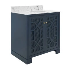 Worlds Away Bath Vanity - Matte Navy Lacquer - Cane Front Doors, White Marble Top, Porcelain Sink, And Polished Brass Knobs -Worlds Away WA SCHAFFER NVY ANGLE 77286.1694806313 ni 16610.1707481816