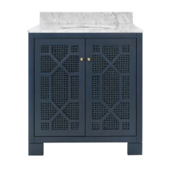 Worlds Away Bath Vanity - Matte Navy Lacquer - Cane Front Doors, White Marble Top, Porcelain Sink, And Polished Brass Knobs -Worlds Away WA SCHAFFER NVY 64702.1694806314 ni 48107.1707481816