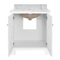 Worlds Away Bath Vanity - Matte White Lacquer - Cane Front Doors, White Marble Top, Porcelain Sink, And Polished Brass Knobs -Worlds Away WA SCHAFFER WH 2 OPEN 86021.1694797777 ni 68426.1707481817