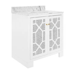 Worlds Away Bath Vanity - Matte White Lacquer - Cane Front Doors, White Marble Top, Porcelain Sink, And Polished Brass Knobs -Worlds Away WA SCHAFFER WH ANGLE 09703.1694797782 ni 96674.1707481817