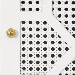 Worlds Away Bath Vanity - Matte White Lacquer - Cane Front Doors, White Marble Top, Porcelain Sink, And Polished Brass Knobs