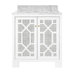 Worlds Away Bath Vanity - Matte White Lacquer - Cane Front Doors, White Marble Top, Porcelain Sink, And Polished Brass Knobs -Worlds Away WA SCHAFFER WH 73981.1694797788 ni 36835.1707481817