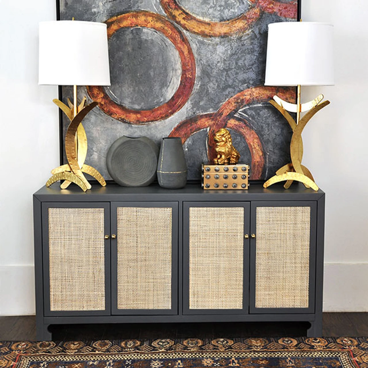 Worlds Away Sofia Cabinet - Cane/Brass/Grey Lacquer 1 Worlds Away Sofia Cabinet - Cane/Brass/Grey Lacquer