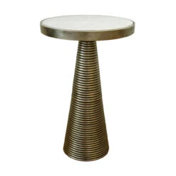 Worlds Away Side Table - Ribbed Antique Brass Tapered Base And White Marble Top