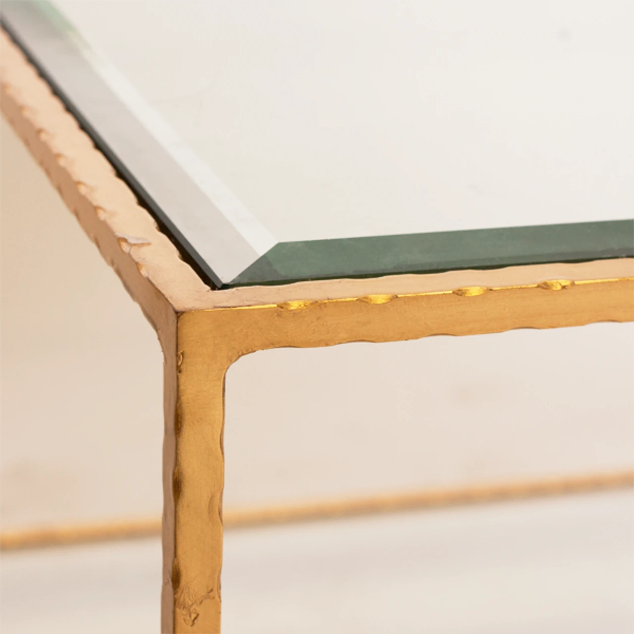 Worlds Away Taylor Hammered Gold Leaf Rectangular Coffee Table With Beveled Glass Shelves 6 Worlds Away Taylor Hammered Gold Leaf Rectangular Coffee Table With Beveled Glass Shelves - Image 6