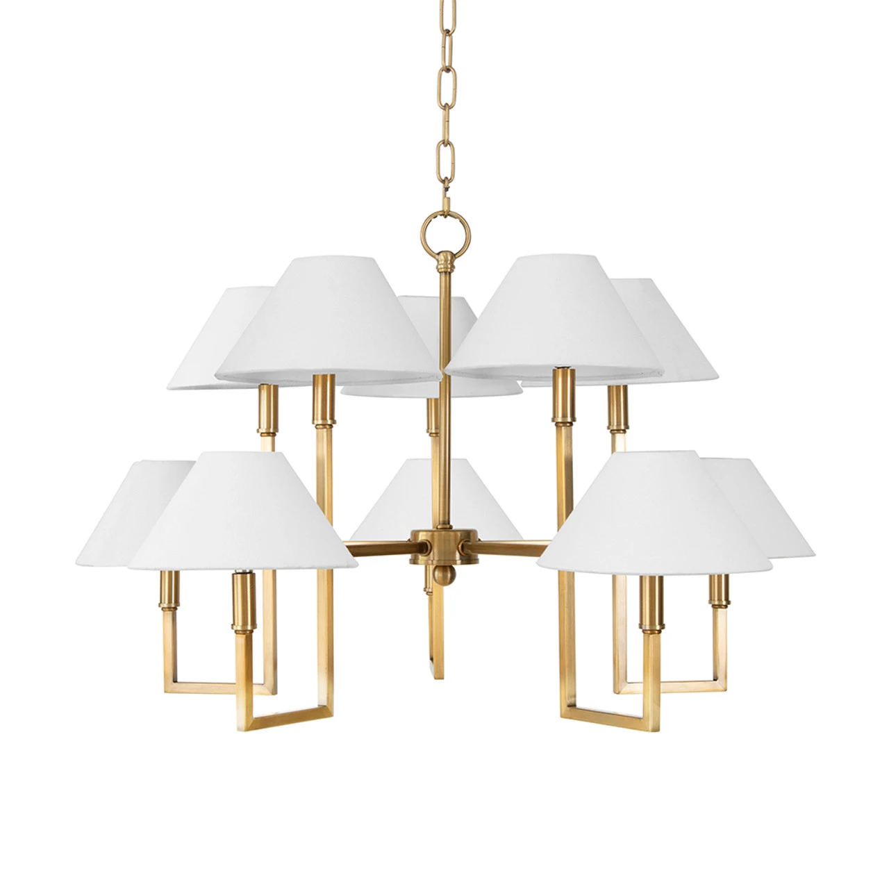 Worlds Away Ten Light Five Arm Chandelier - White Linen Coolie Shade - Antique Brass 2 Worlds Away Ten Light Five Arm Chandelier - White Linen Coolie Shade - Antique Brass - Image 2