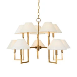 Worlds Away Ten Light Five Arm Chandelier - White Linen Coolie Shade - Antique Brass