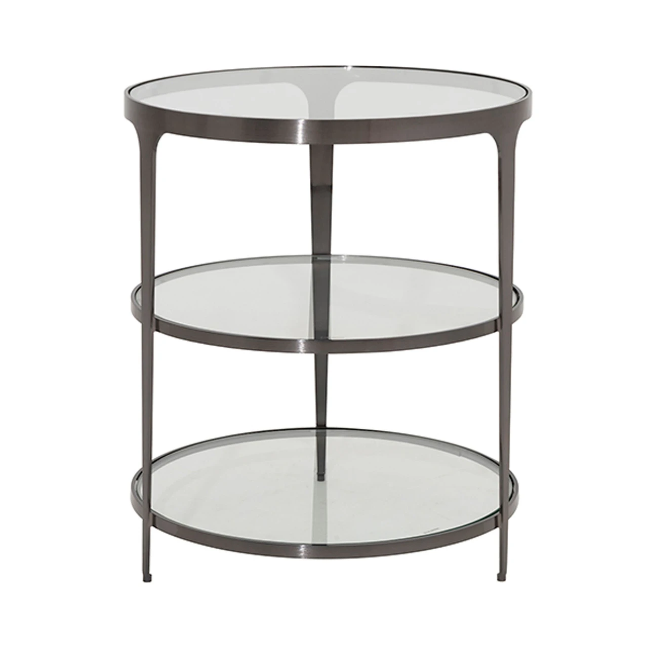 Worlds Away Three Tier Glass Top Round End Table - Gunmetal 1 Worlds Away Three Tier Glass Top Round End Table - Gunmetal