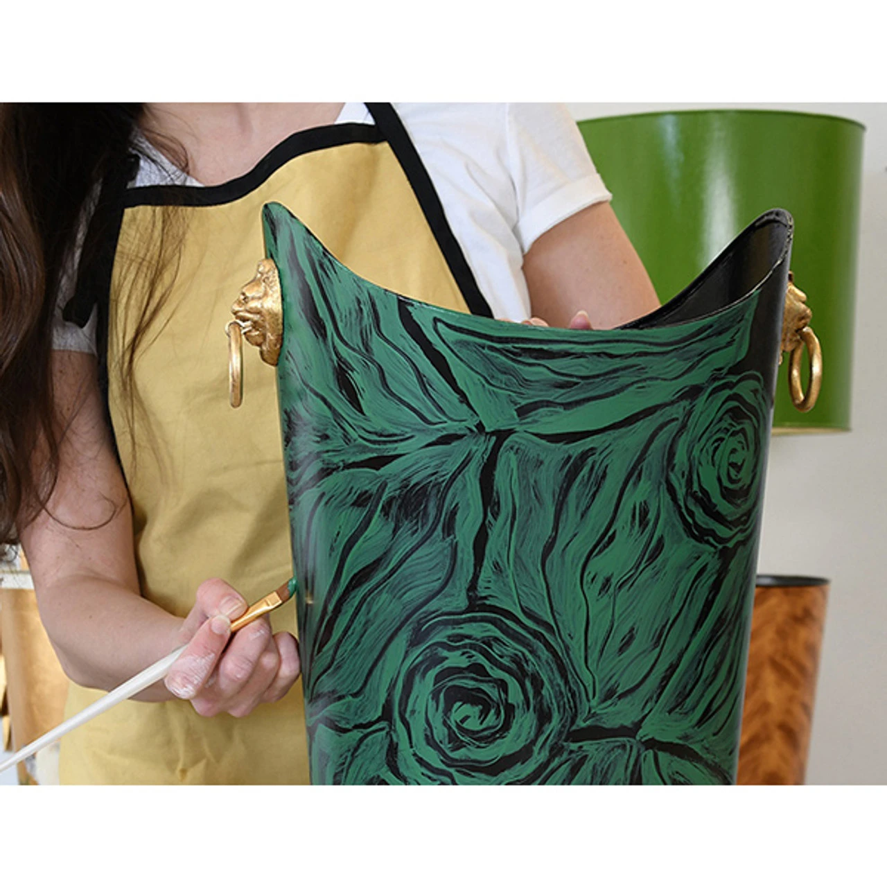 Worlds Away Oval Wastebasket - Lion Handles - Malachite 2 Worlds Away Oval Wastebasket - Lion Handles - Malachite - Image 2