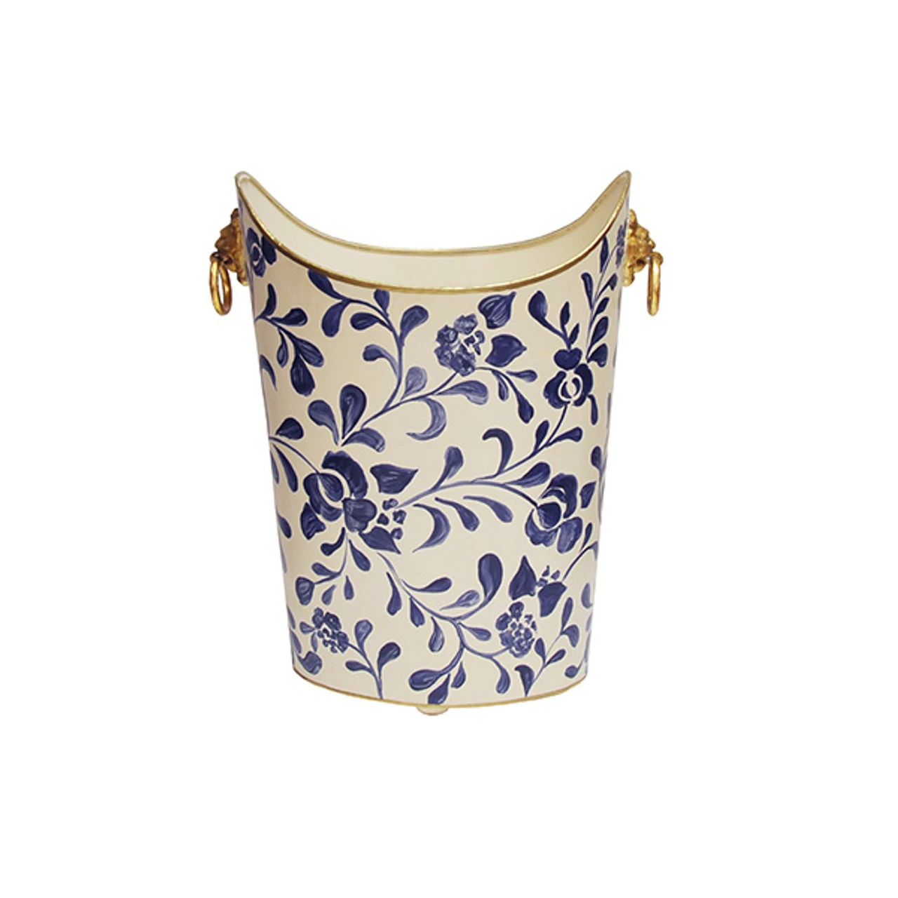 Worlds Away Oval Wastebasket - Lion Handles - Navy Vine 3 Worlds Away Oval Wastebasket - Lion Handles - Navy Vine - Image 3