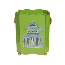 Worlds Away Square Wastebasket - Lion Handles - Green Pagoda