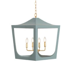 Worlds Away Modern Pagoda Lantern - Four Light Gold Leaf Cluster, Body - Light Blue Powder Coat