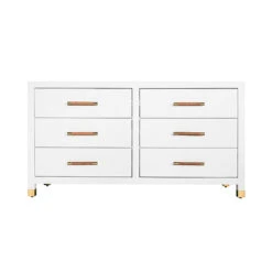 Worlds Away Six Drawer Chest - Rattan Wrapped Handles - Matte White Lacquer
