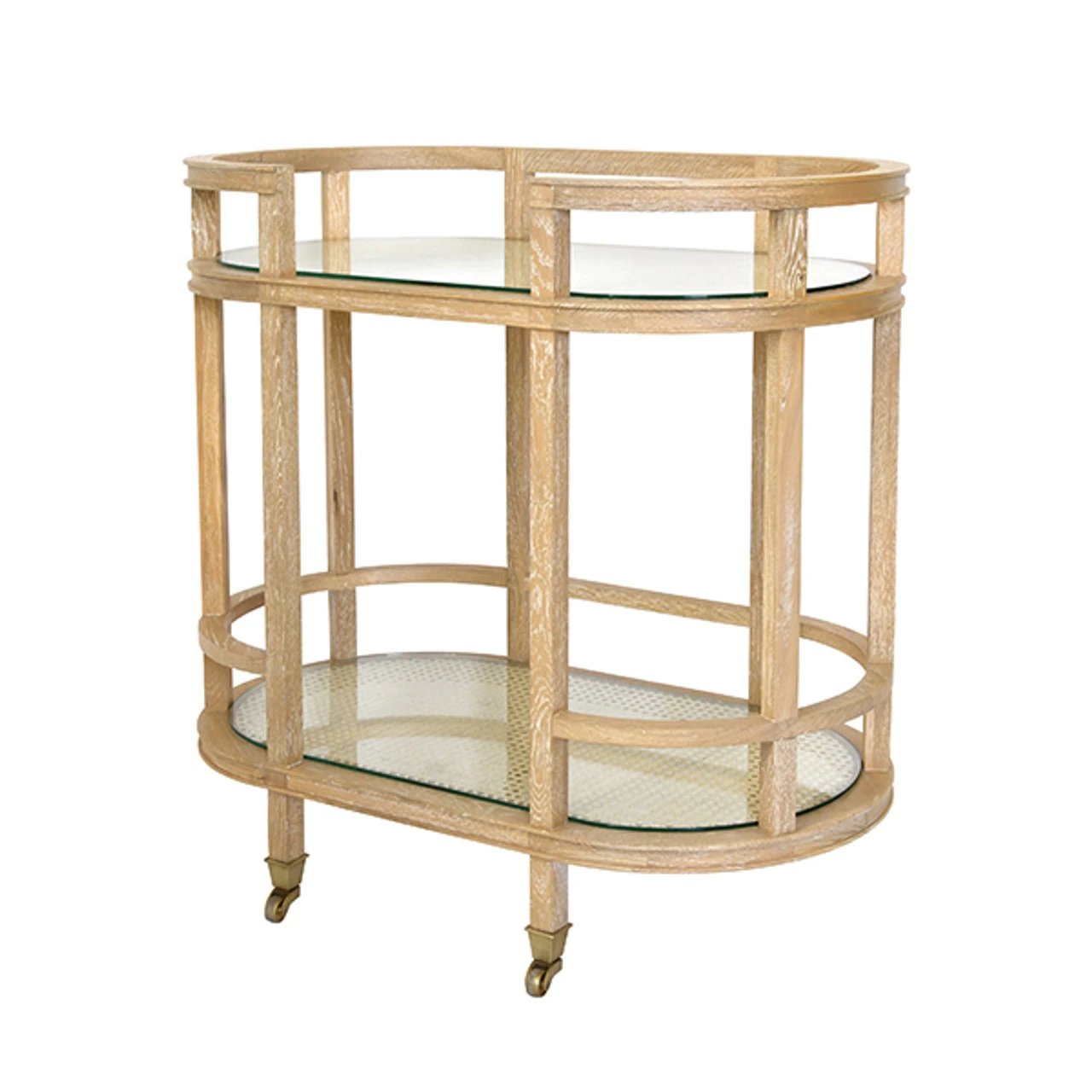 Worlds Away Oval Bar Cart - Two Natural Cane Shelves And Cerused Oak Frame 2 Worlds Away Oval Bar Cart - Two Natural Cane Shelves And Cerused Oak Frame - Image 2