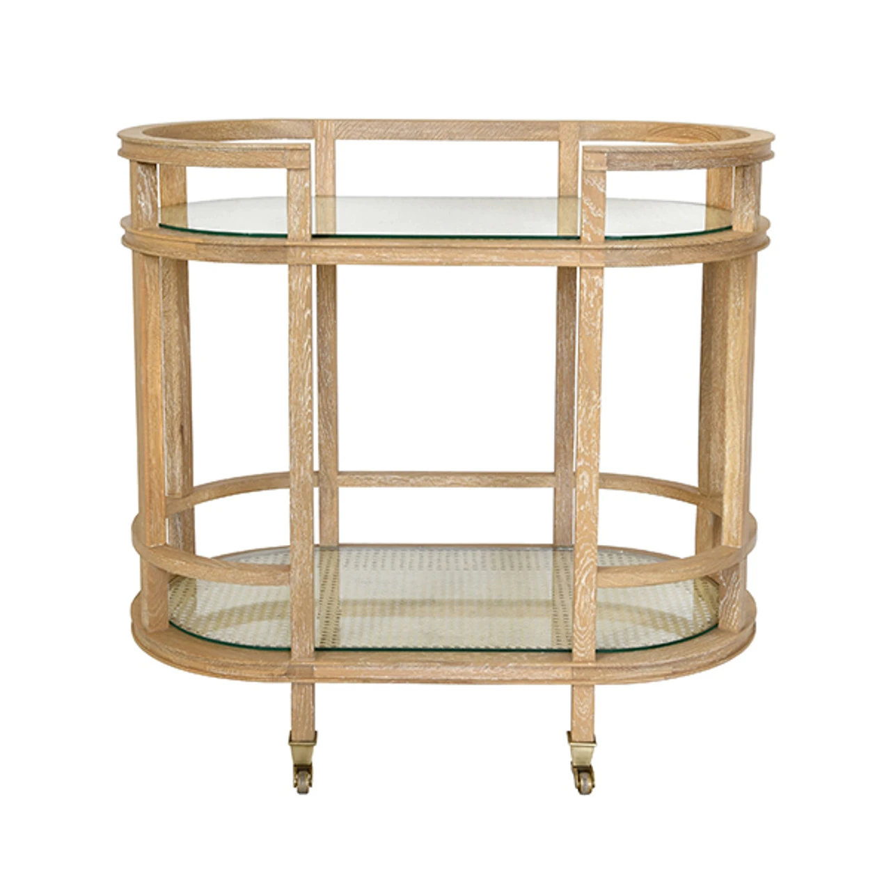 Worlds Away Oval Bar Cart - Two Natural Cane Shelves And Cerused Oak Frame 3 Worlds Away Oval Bar Cart - Two Natural Cane Shelves And Cerused Oak Frame - Image 3