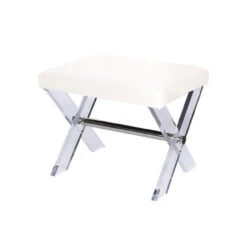 Worlds Away Dixon Lucite X Base Stool With Nickel Stretcher & White Linen Upholstered Cushion