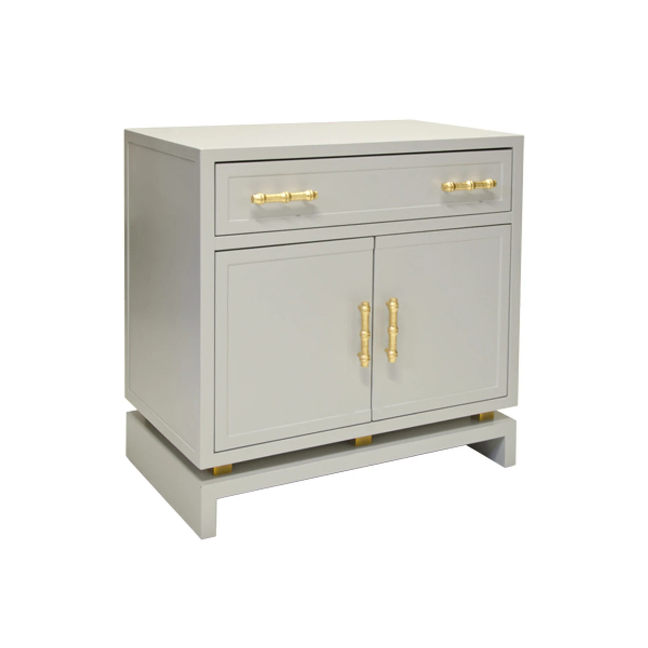 Worlds Away Marcus Matte Gray Lacquer 1 Drawer, 2 Door Nightstand With Gold Leafed Bamboo Hardware And Gold Leaf Detail On Base 2 Worlds Away Marcus Matte Gray Lacquer 1 Drawer, 2 Door Nightstand With Gold Leafed Bamboo Hardware And Gold Leaf Detail On Base - Image 2